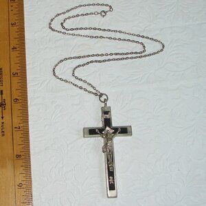 Vtg Golgotha Pectoral Crucifix Cross NECKLACE, Ebony Inlay, Skull Crossbones E87